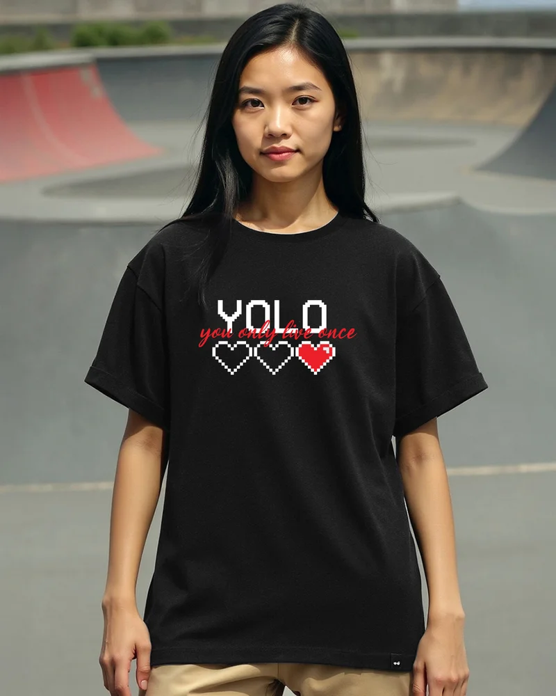 بيواكوف Women's Jet Black Yolo Graphic Printed Boyfriend T-shirt
